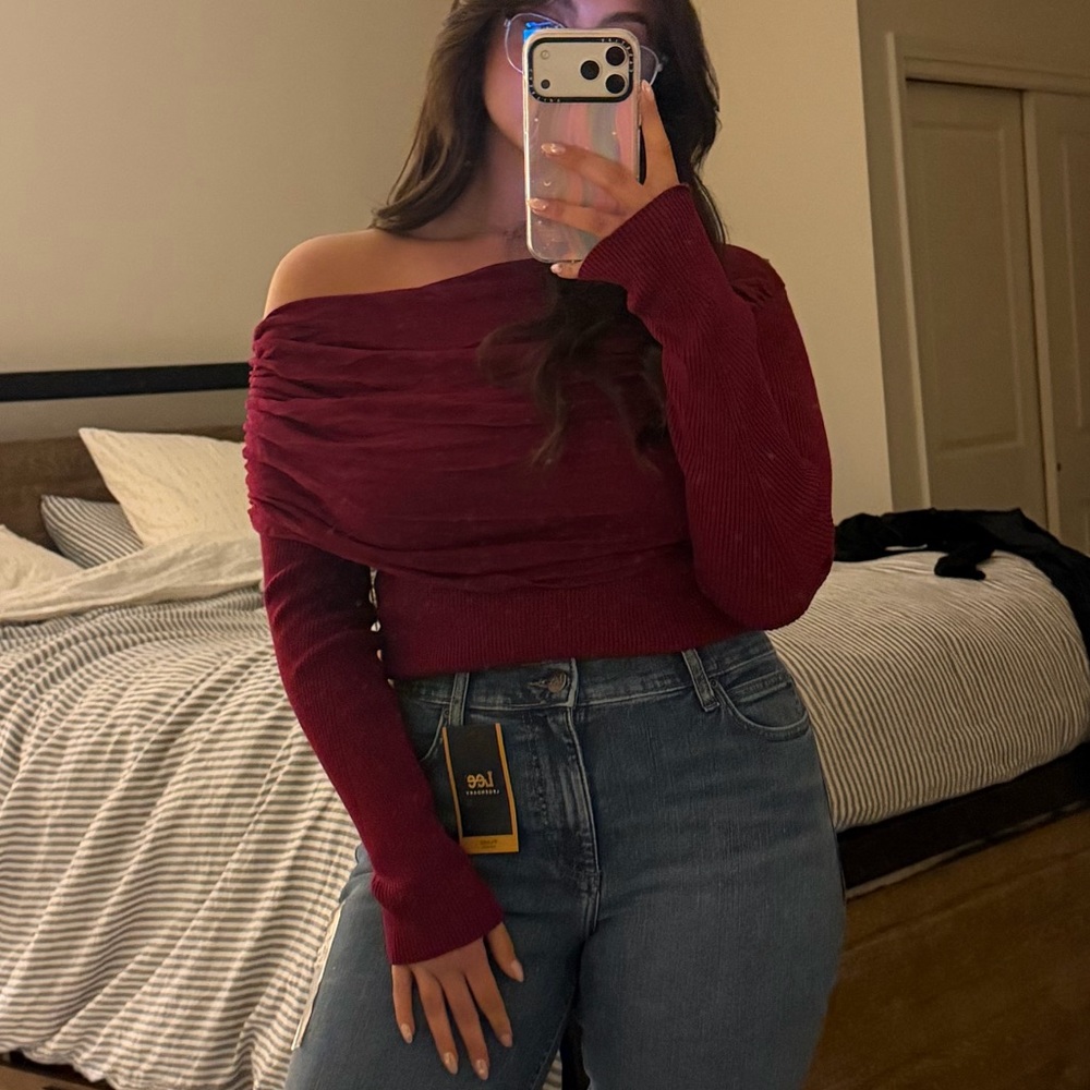 Anthropologie Burgundy Off-Shoulder Top